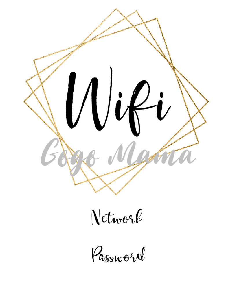 This wifi printable template features a three gold square boxes with the word "wifi" in the center in cursive writing. Below the gold boxes are the words "network" and "password" which provide space to add your personal information. 