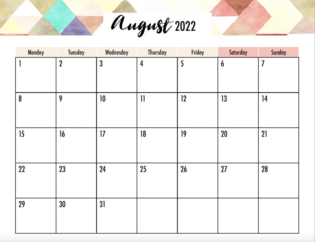 August 2022 Calendar Monday Start