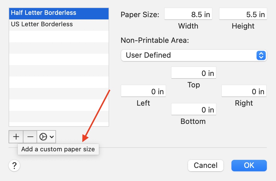 Screenshot of how to add a custom paper size