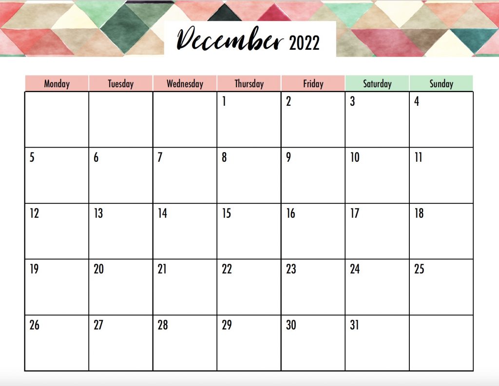 Option four. December calendar with a Monday start day and no holidays shown. 