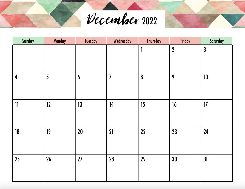 Calendar option 2 for December. This calendar is a Sunday start with no holidays shown. 