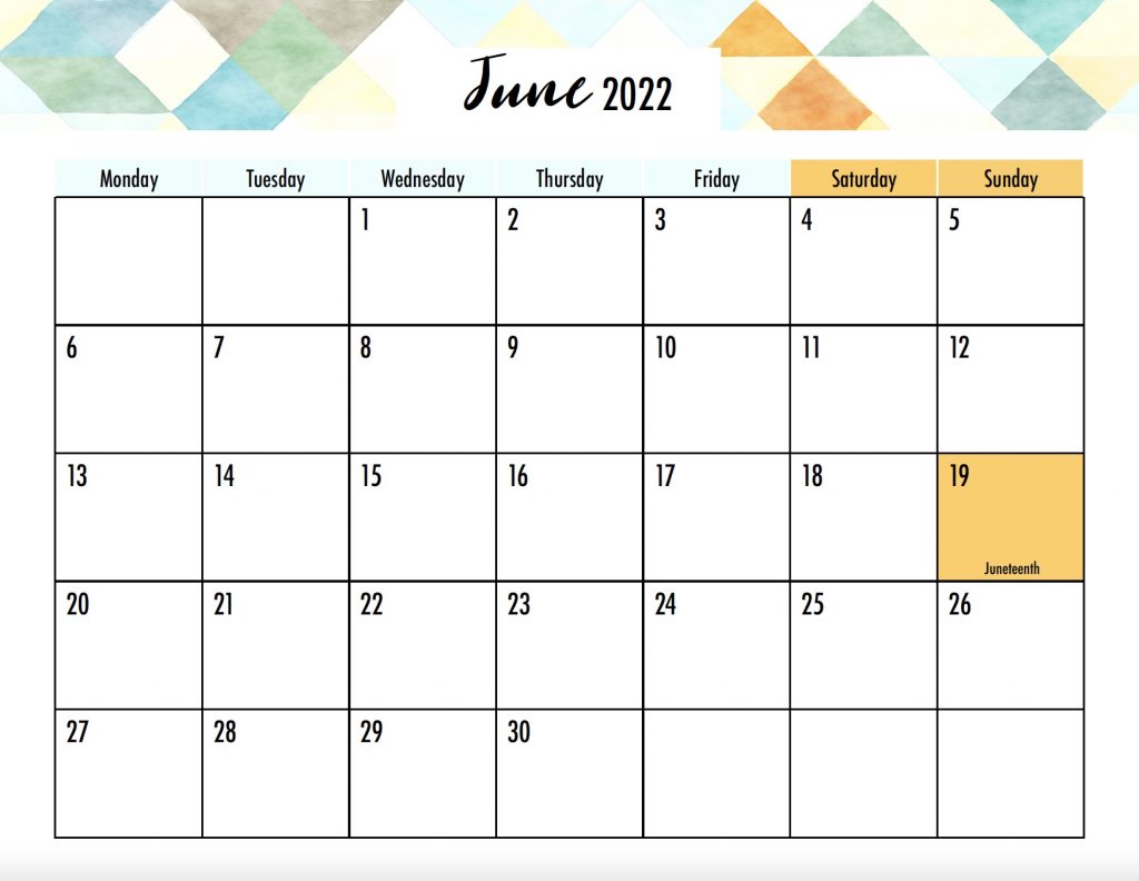 June 2022 Calendar Monday Start with Holidays