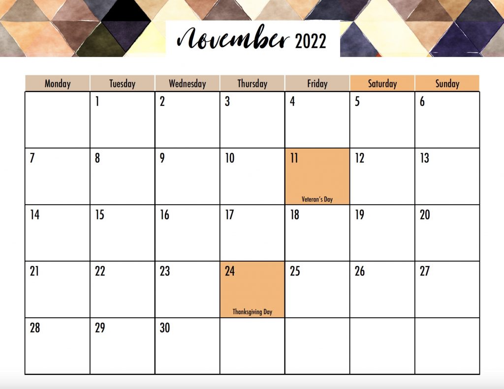 November 2022 Calendar Monday Start Holidays